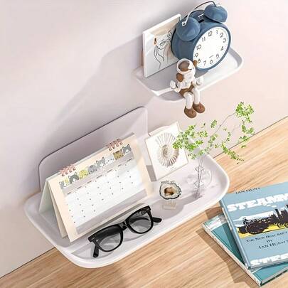 1个免钻孔壁挂式折叠储物架，节省空间 - 白色塑料多隔层收纳架，适用于浴室、厨房、卧室和办公室 - 紧凑型置物架，尺寸：27.0英寸（含隔板）