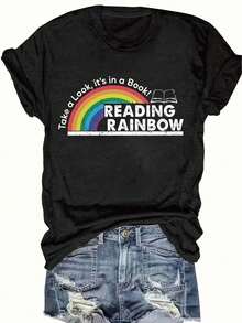 Women's T-Shirt Fitted Tops Print Y2K Crew Neck Tee-Plus Size - Women'S Red T-Shirt - Reading Rainbow Graphic Tee With Book Design - Casual Everyday Shirt For Teachers, Book Lovers - Valentine'S Day & Back To Outfits - Soft Everyday Top, Teacher Apparel, Playful Design, Comfortable Fit-Summer Festival Fashion,  Adult Heavyweight T-Shirt - 黑色 - 查看 14