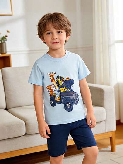 2pcs/Set Kids Cartoon Animal & Car Print Short Sleeve Top And Shorts Set, Fashionable Outfit For Spring/Summer