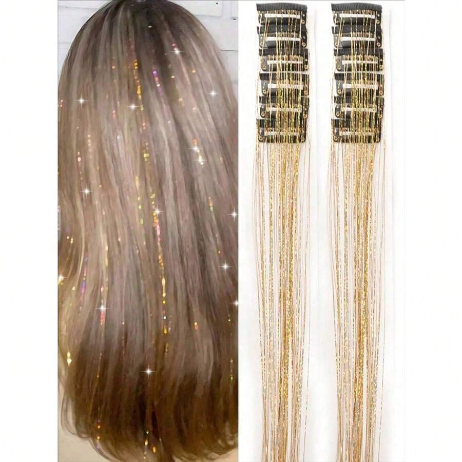 12pcs Women's Fashion Shiny Gold Foil Tassel Hair Clips, Ribbons, Straight Hair Extensions, Suitable For Daily Wear, Balls, Parties, Hair Accessories, Head Accessories, Hair Accessories For Women, Hair Piece, Hairpin - 多色-1 - 查看 1