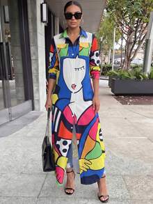 Damen Mode Langarm Blume Muster Hemdkragen Langes Lässiges Elegantes Kleid - Verschiedenfarbig - Übersicht 8