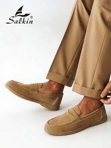 Salkin Mocasines de diseñador para hombres, zapatos casuales de ante sintético, suaves, cómodos, transpirables, antideslizantes, planos, versátiles para trajes, estudiantes, graduación, negocios, fiestas, bodas, primavera/verano/otoño, tallas grandes, múltiples colores disponibles. Nota: Corre pequeño, por favor pida una talla talla grande. Elegancia de dinero viejo otoño - Caqui - Ver 11
