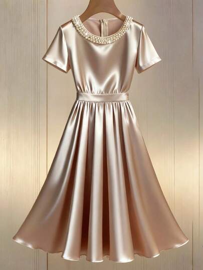 Elegant Pearl Decor Waist Flared Midi Dress, Graceful Elegant, Round Neck Short Sleeve Summer Dress For Women