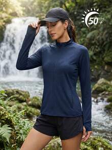 Cavva Women's UPF 50+ Lightweight Sun Protection Jacket, Quick-Dry Stretchy Long Sleeve Cardigan, Textured Fabric, Slim Fit, Raglan Sleeves, Hidden Zipper Pockets, Thumb Holes, Suitable For Outdoor Activities Like Hiking, Running, Yoga Sports - Navy Blue - View 3