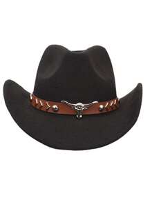 1顶男女通用复古西部牛仔帽，饰有牛角图案，适合休闲穿着和西部牛仔派对。 - 棕皮鉚釘牛頭禮帽 - 查看 8