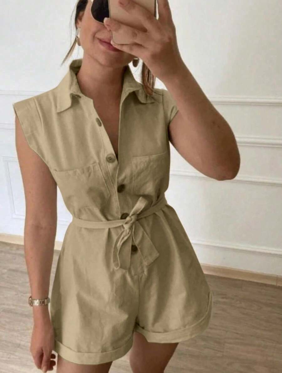 Women's Clothing/ Jumpsuit/Headband/Linen - 駝色 - 查看 1