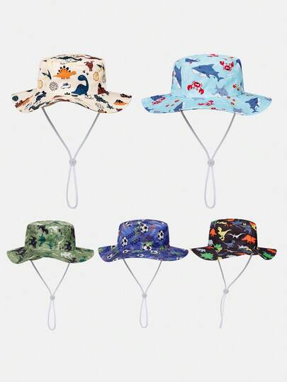 1pc Toddler/Kids Dinosaur Print Sun Protection Bucket Hat, Adjustable Wind Strap, Lightweight Summer Beach Outdoor Cap