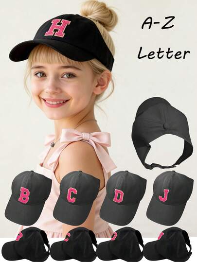 Mũ lưỡi trai kiểu tóc đuôi ngựa cao in chữ cái A-Z cho bé gái - Thoáng khí, nhanh khô, mũ rộng vành, chống nắng, không nhăn, mũ thể thao cho thanh thiếu niên.
