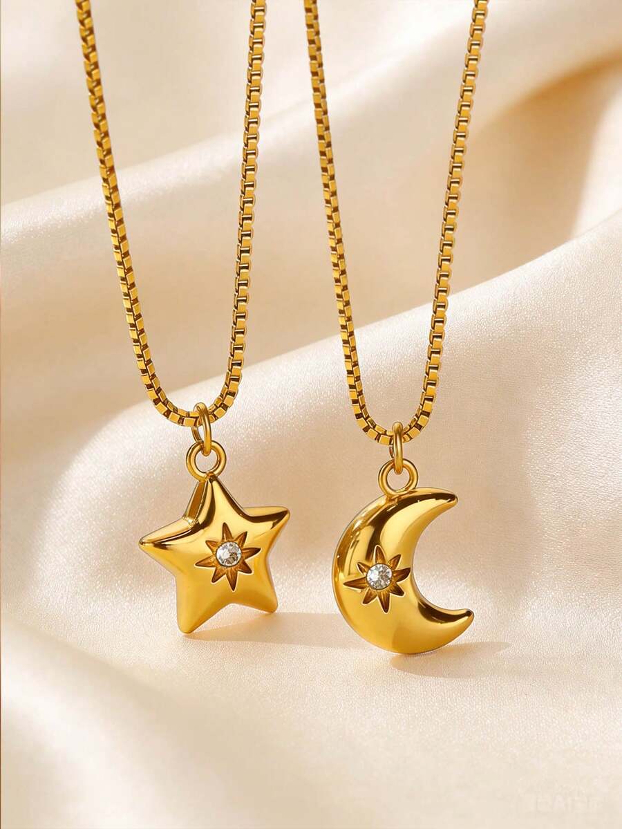 不锈钢星星吊坠项链,月亮吊坠项链,立方氧化锆五角星月亮项链,时尚饰品,适合日常街头穿搭、工作聚会和节日庆典。 - 1 - 查看 1