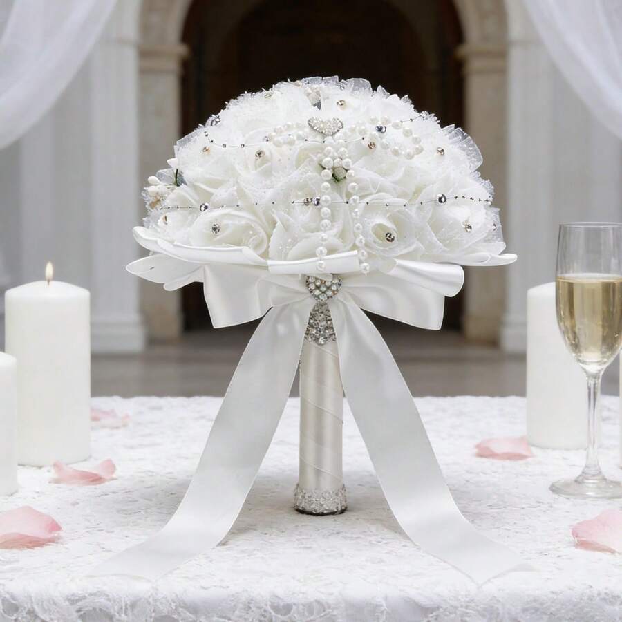 Fake Bridal Rose Bouquet With Pearls Bow Artificial Wedding Flowers Realistic Bridesmaid Bouquet Ceremony Party Home Decor Keepsake - Màu trắng, 1 chiếc - Xem 1