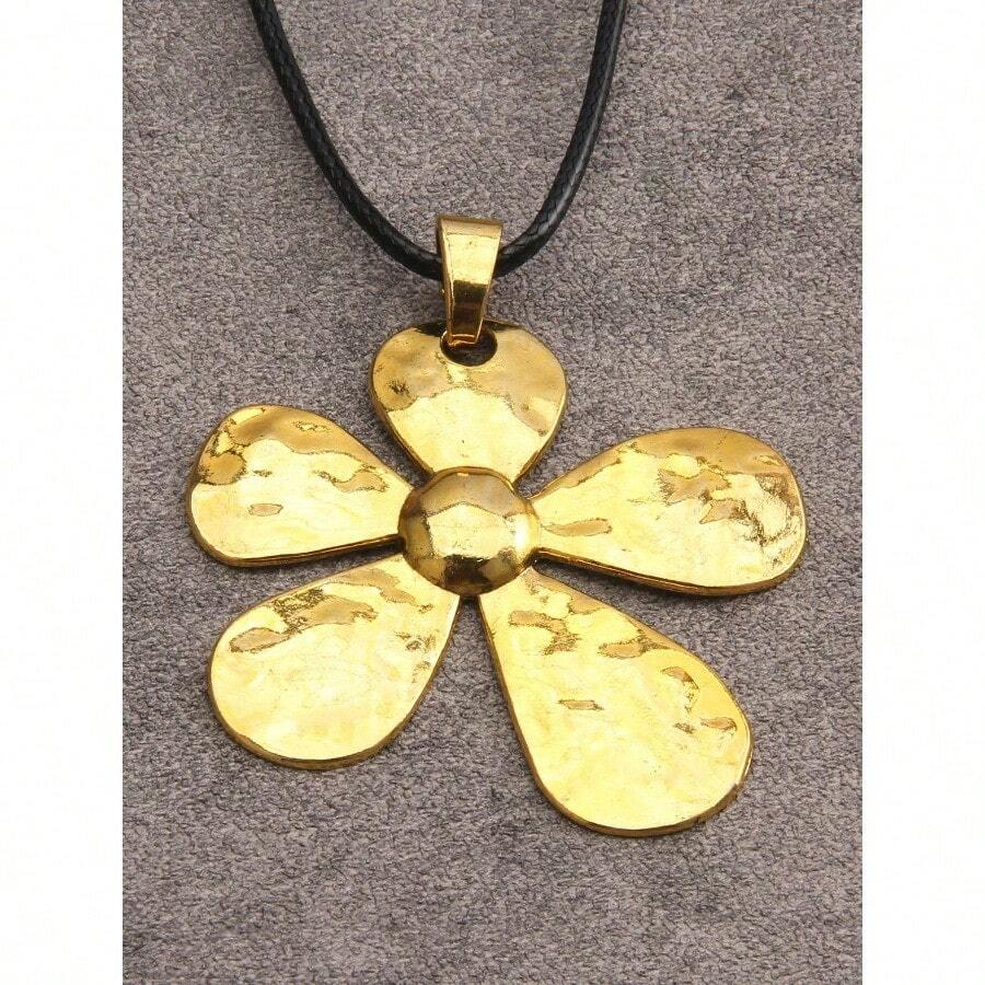 1pc Minimalist Silver Asymmetrical Sunflower Alloy Pendant Necklace, Adjustable Wax Cord Necklace, Fashionable Daily Wear For Young Women, Girlfriend - 金黃色 - 查看 1
