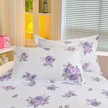 Juego de 3 piezas de falda de cama con volantes dobles de estilo minimalista y moderno con estampado floral, ropa de cama para dormitorio (1 falda de cama, 2 fundas de almohada, sin núcleo interior) - Púrpura malva - Ver 8