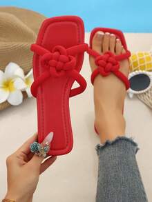 女士时尚透气编织拖鞋，舒适优雅家居休闲鞋，适合度假、搭配休闲连衣裙、沙滩凉鞋，复古纯色中国结平底拖鞋 - 紅色 - 查看 1