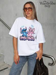 Disney 1PC Authorized Cartoon Couple Short Sleeved T-Shirt, Cartoon Stitch Pattern Couple Printed T-Shirt, Perfect For Family Outings And Vacations. This Is A New 2026 Short Sleeved T-Shirt, An Ideal Choice For Mother's Day, Suitable For Both Men And Women. Made Of High-Quality Pure Cotton, Comfortable And Breathable All Year Round. Exquisite Design Is The Preferred Gift - 女士 - 查看 2