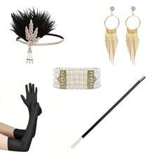 Un set elegante de 5 piezas de accesorios vintage de los años 20, adecuado para varias ocasiones como fiestas de disfraces, fiestas de Halloween, fiestas de Navidad, etc. El tocado de plumas de los años 20 es un regalo ideal para madres, amantes, amigos, colegas y cualquier otra persona. - Multicolor - Ver 10