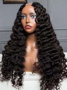 V Part Wig Human Hair Deep Wave Human Hair Wig Upgrade Glueless U Part Human Hair Wig For Women No Leave Out No Sew In 180 Density Natural Black Color 44inch - 自然色 - 查看 6