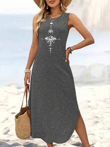 [Compass Print Tank Dress] Comfortable Sleeveless Tank Dress With Compass Print - Casual Long Sleeveless Midi Dress For Women, Lightweight Polyester, Perfect For Beach Outings, Hiking, And Casual Attire, Casual Wear Dress| Relaxed Fit Dress| Minimalist Design - 橘色 - 查看 4
