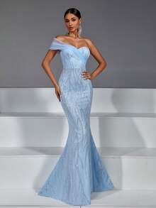 Women's Sequin Slip-Resistant Zipper Back Padded Dress Wedding Party Spring - Light Wash - View 6