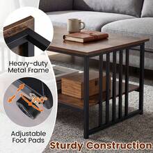 COSTWAY Coffee Table Rectangular Center Table With 2 Storage Shelves And Heavy-Duty Metal Frame, Brown - Brown - View 6