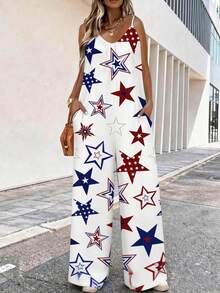 Independence Day Patriotic Stars & Stripes Jumpsuit: Spaghetti Strap Wide-Leg Romper For 4th Of July Celebrations, Summer Festivals And Bold Holiday Style For Women. - FSZW31878 - 查看 1