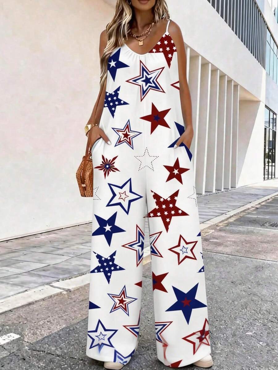 Independence Day Patriotic Stars & Stripes Jumpsuit: Spaghetti Strap Wide-Leg Romper For 4th Of July Celebrations, Summer Festivals And Bold Holiday Style For Women. - FSZW31878 - 查看 1