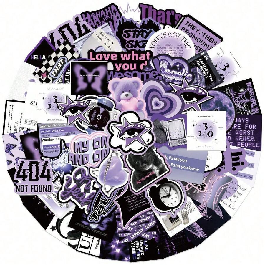 60pcs Black & Purple Cool INS Style Cartoon Graffiti Stickers For Suitcase, Laptop, Guitar, Skateboard, Phone School Supplies - Square - View 1