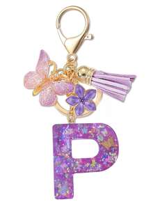 1个紫色蝴蝶字母钥匙扣，饰有闪亮亮片、流苏和珐琅花朵吊坠，时尚手提包挂件，母亲节礼物 - 淡紫色 - 查看 19