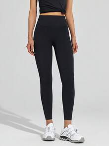 Leorrey 1pc Women's Fashionable High Waist Shaping Elastic Waistband Sports Pants With Side Pockets - Black - View 10
