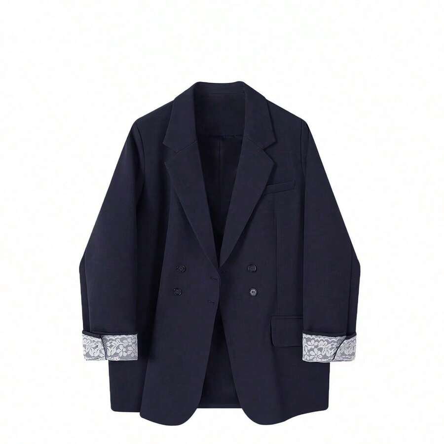 Elegant Casual & Formal Lace Cuff Blazer For Women, Oversized Double-Breasted Deep Grey Versatile Top, Suitable For Holiday Outfit Spring - Navy Blue - View 1