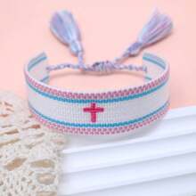 1 pieza Pulsera tejida a mano con borlas y bordado de cruz en estilo bohemio - Multicolor - Ver 3