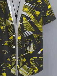 Abstract Geometric Yellow And Black Pattern Symbolizes Bold Confidence And Dynamic Energy 3D Printed Short Sleeve Casual Button Up Shirt For Men Summer Street Fashion Top - 白色 - 查看 2