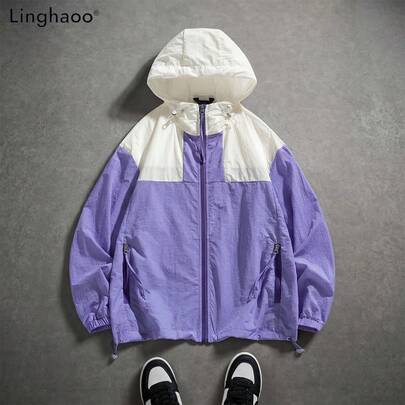 男士户外运动骑行休闲轻便连帽防晒夹克，时尚拼色设计，夏季