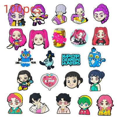 Hasbro 100个K-POP女巫猎人鞋饰套装，高品质PVC材质，卡通人物和可爱宠物设计，防水，适合生日、圣诞节、感恩节、K-Pop粉丝收藏、鞋子装饰和节日礼物。