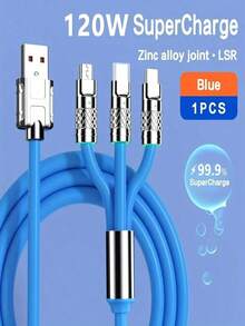 Universal All-In-One Charging Cable, 6A 3 In 1 Fast Charger Cord With Type C/Micro USB Connector, Multi Device Data Sync Cable For IPhone, Android, , , POCO, , , , Camera, MP3 - Blue - View 2