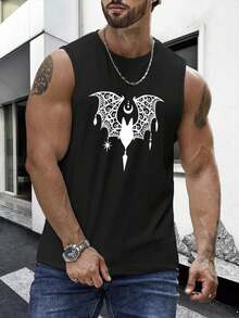 1PC Men's Vest With "Ornate Bat With Celestial Motifs" Print Design, 180g Pure Cotton Vest, Seamless, Sweat-Wicking, 100% Cotton, Loose American-Style Tank Top For Sports And Fitness. - 黑色 - 查看 1