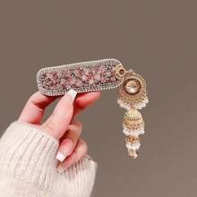 ジェムストーンブルー～癒やし系のキラキラ輝くダイヤモンドとパールの風前髪タッセルヘアクリップ、女性用個性あふれるヘアアクセサリー - 赤いクリスタルのペンダント - チェックする 8