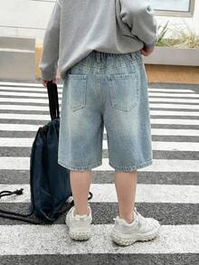 幼儿时尚休闲复古街头宽松舒适透气蓝色牛仔短裤，适合日常穿着、春夏嘉年华和街头穿着。 - 藍色 - View 3