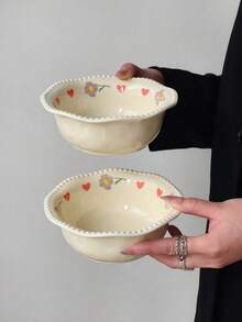 1pc Ins-Style High-Quality Ceramic Heart Flower Rim Rice Bowl, Delicate Underglaze Colorful Heart Ceramic Bowl, Suitable For Home Rice, Porridge, Snacks, Desserts, Restaurants, Kitchens, Dessert Shops - Multicolor - View 8
