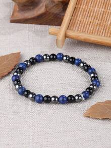 YAUKIA 男士天然石手链，6毫米青金石、赤铁矿和黑玛瑙，弹力材质，寓意守护、勇气，适合日常佩戴 - 彩色 - 查看 3