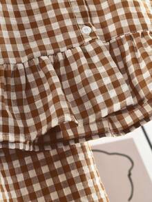 2pcs/Set Young Girl's Fashionable Floral Trim Plaid Vest And Pants Set, Summer - Khaki - View 5