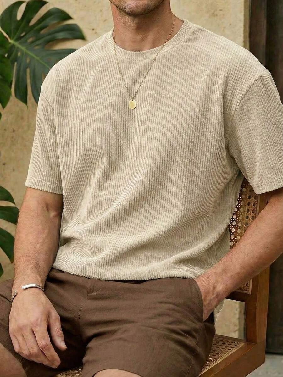 Men's Casual Loose Fit Round Neck Short Sleeve T-Shirt, Apricot Color