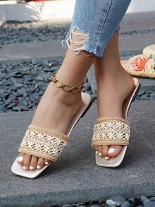 planare Women's Fashionable Elegant Square Toe Slip-On Flat Sandals In White & Brown, Suitable For Summer Daily Commute And Date Outfit - Platinum - View 5