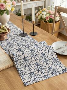 1 pieza Camino de mesa floral azul vintage, estilo rústico, lavable, decoración del hogar para mesa de comedor, mesa de café, aparador, gabinete, decoración de mesa, adecuado para campo, reuniones, cenas, picnics, campamentos, fiestas, festivales, exteriores, todas las estaciones, primavera/verano - Multicolor - Ver 1