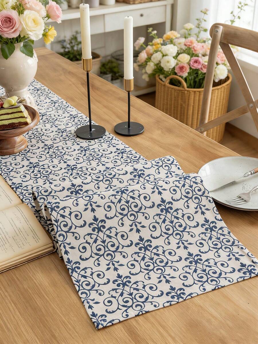 1 pieza Camino de mesa floral azul vintage, estilo rústico, lavable, decoración del hogar para mesa de comedor, mesa de café, aparador, gabinete, decoración de mesa, adecuado para campo, reuniones, cenas, picnics, campamentos, fiestas, festivales, exteriores, todas las estaciones, primavera/verano - Multicolor - Ver 1