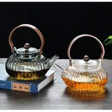 Striped Glass Teapot, Glass Flower Tea Teapot, Boiling Water Teapot, Wooden Handle, Ruyi Pumpkin Beam Teapot - Multicolor - View 4