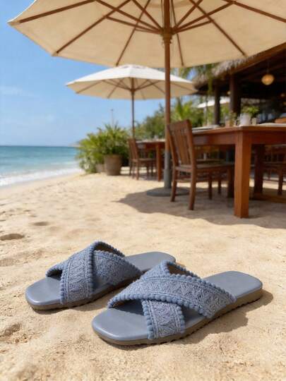 1 Pair Chinese Style Woven Criss-Cross Slippers, Suitable For Outdoor, Home, Office, Gym, Holiday, All Seasons, Non-Slip & Breathable PU Leather