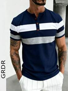 GRDR 1 chiếc áo thun nam cổ tròn phối màu tương phản mới mùa hè, phong cách công sở thường ngày. - Màu xanh hải quân - Xem 2