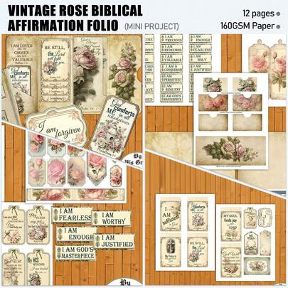 Bộ dụng cụ làm sổ lưu niệm Vintage Rose Biblical Affirmation Folio, Bộ dụng cụ làm sổ lưu niệm, Vật tư làm sổ lưu niệm, Trang trí sổ lưu niệm, Dự án làm tập đựng tài liệu mini, Quà tặng thủ công mỹ nghệ, Phụ kiện trang trí thủ công cho các dự án sổ lưu niệm và album ảnh.