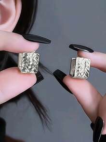 1对简约奢华独特几何纹理设计优雅休闲日常铜质耳环，女士款 - 銀色 - 查看 7