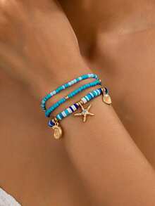 3 Peças Conjunto de Pulseiras Boêmias de Férias com Contas, Polímero de Argila, Estrela do Mar e Conchas, Acessórios de Estilo Praia - Azul - Visão 1
